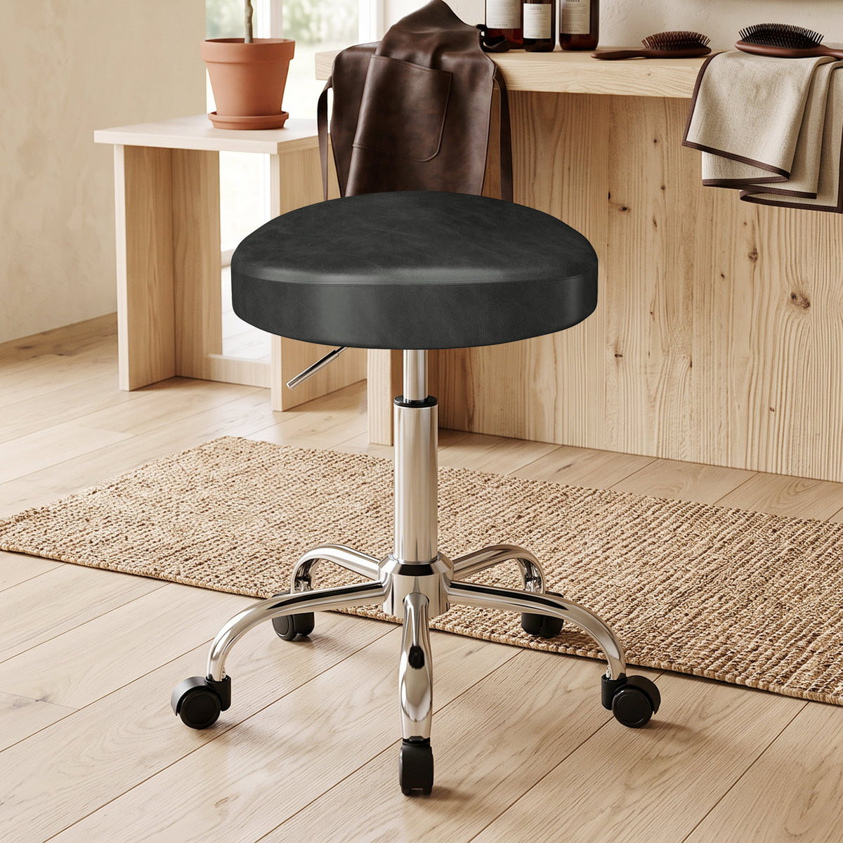 Rollhocker aus PU-Leder, höhenverstellbarer Salonhocker mit gepolsterter Sitzfläche, drehbarer Beautyhocker auf Rollen