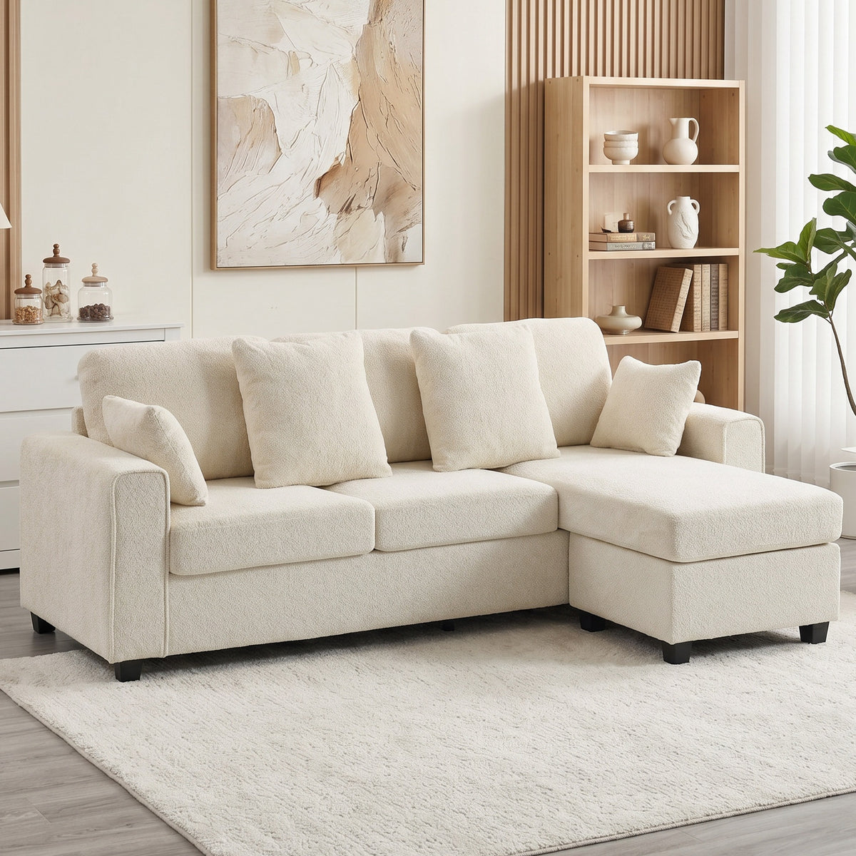 Ecksofa mit umkehrbarer Chaiselongue, 3-Sitzer Sofa mit Samtoptik, breite und tiefe Sitzfläche, Federkissen, Beige