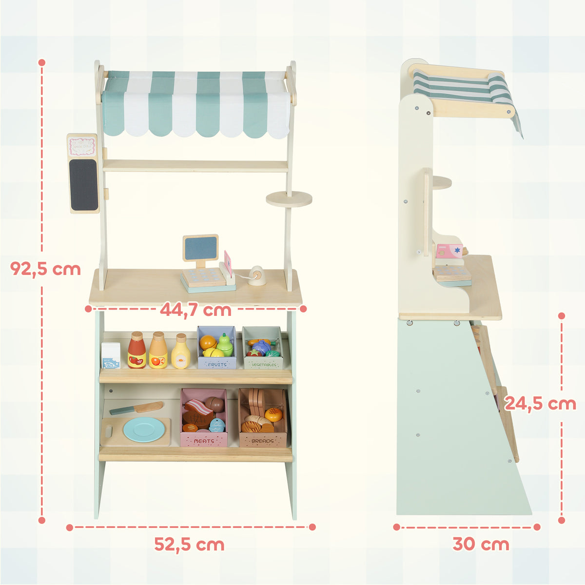Wooden Toy Shop, Wooden Market Stall with Cash Register, Blackboard and Toy Food, 4 Storage Boxes, Ages 3+, Green