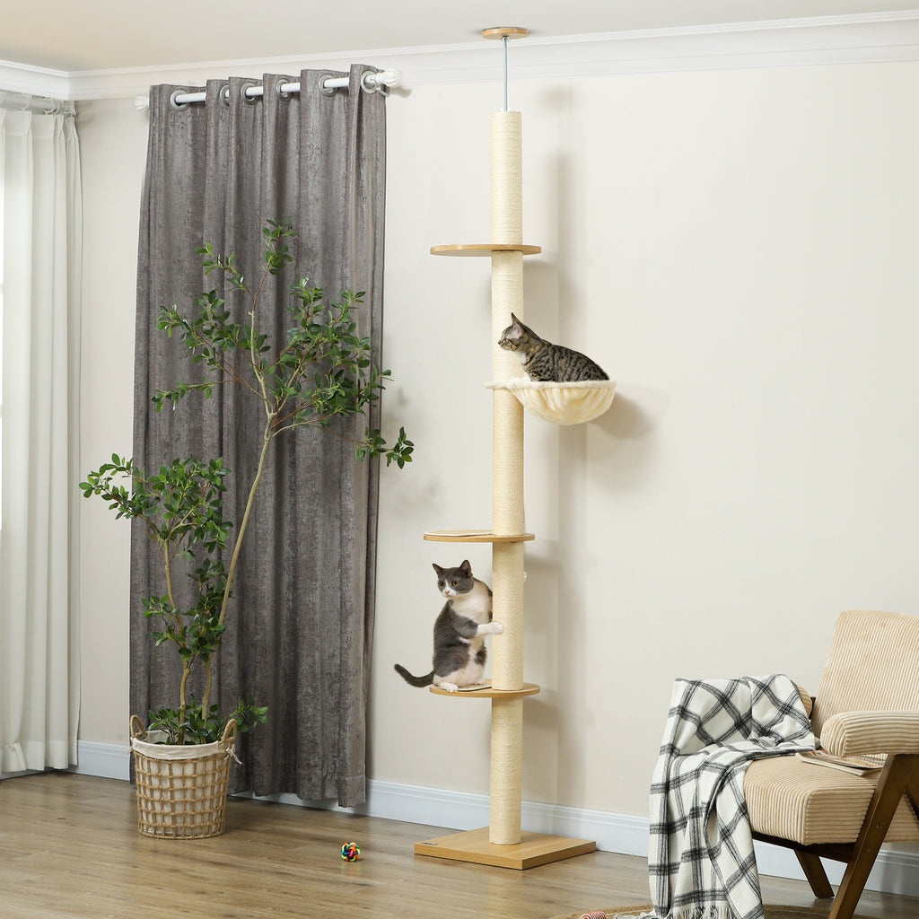 Deckenhoher Kratzbaum, Anti-Kipp-Sicherung, Sisal-Seilpfosten, Holzwerkstoff, Eiche+Cremeweiß