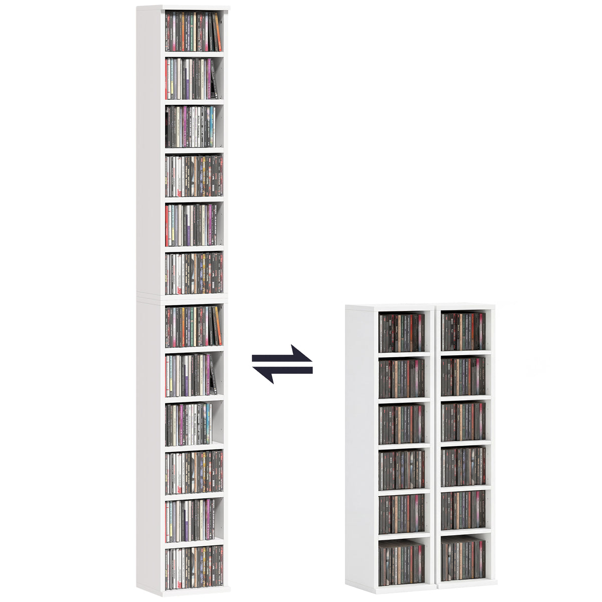 204 CD-Aufbewahrungsregale im 2er-Set, Blu-Ray-Turmständer mit verstellbaren Regalböden, Bücherregal-Organizer, Weiß