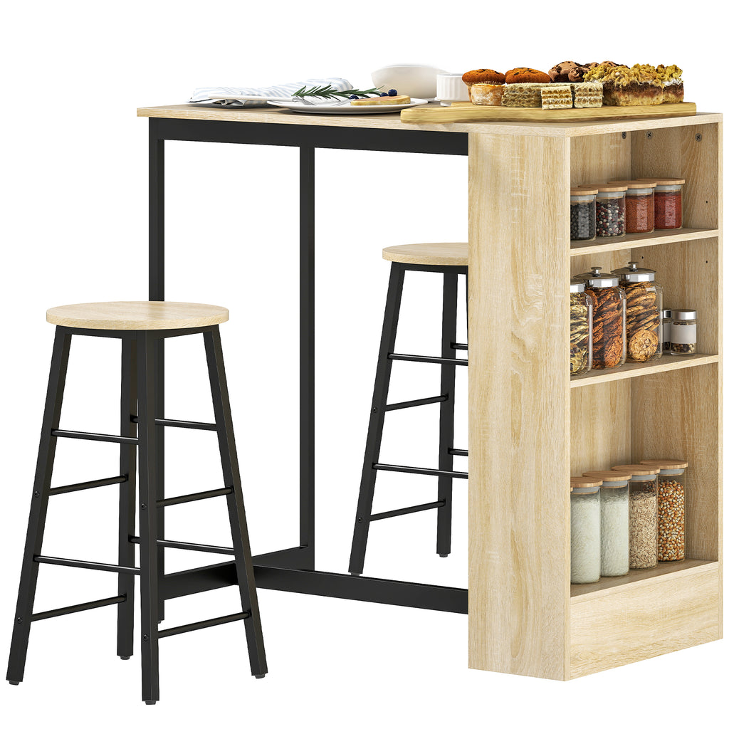 3-teiliges Bartisch-Set, 1 Tresen, 2 Stühle, mit Stauraum und Fußstützen, platzsparend, Hellbraun+Schwarz
