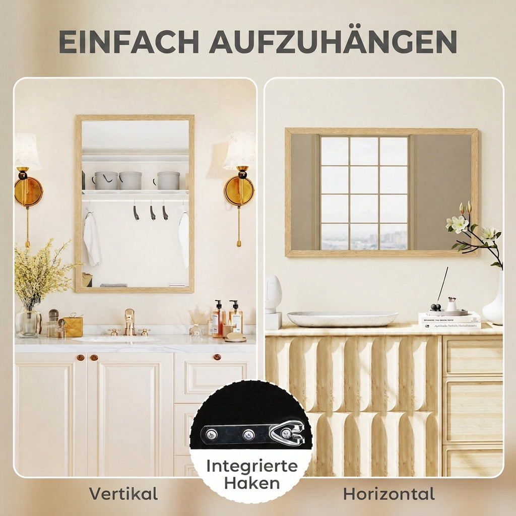 Wall Bathroom Mirror, 60 x 40 cm Wall-Mounted Mirror for Living Room, Bedroom, Hallway, Natural Wood Finish