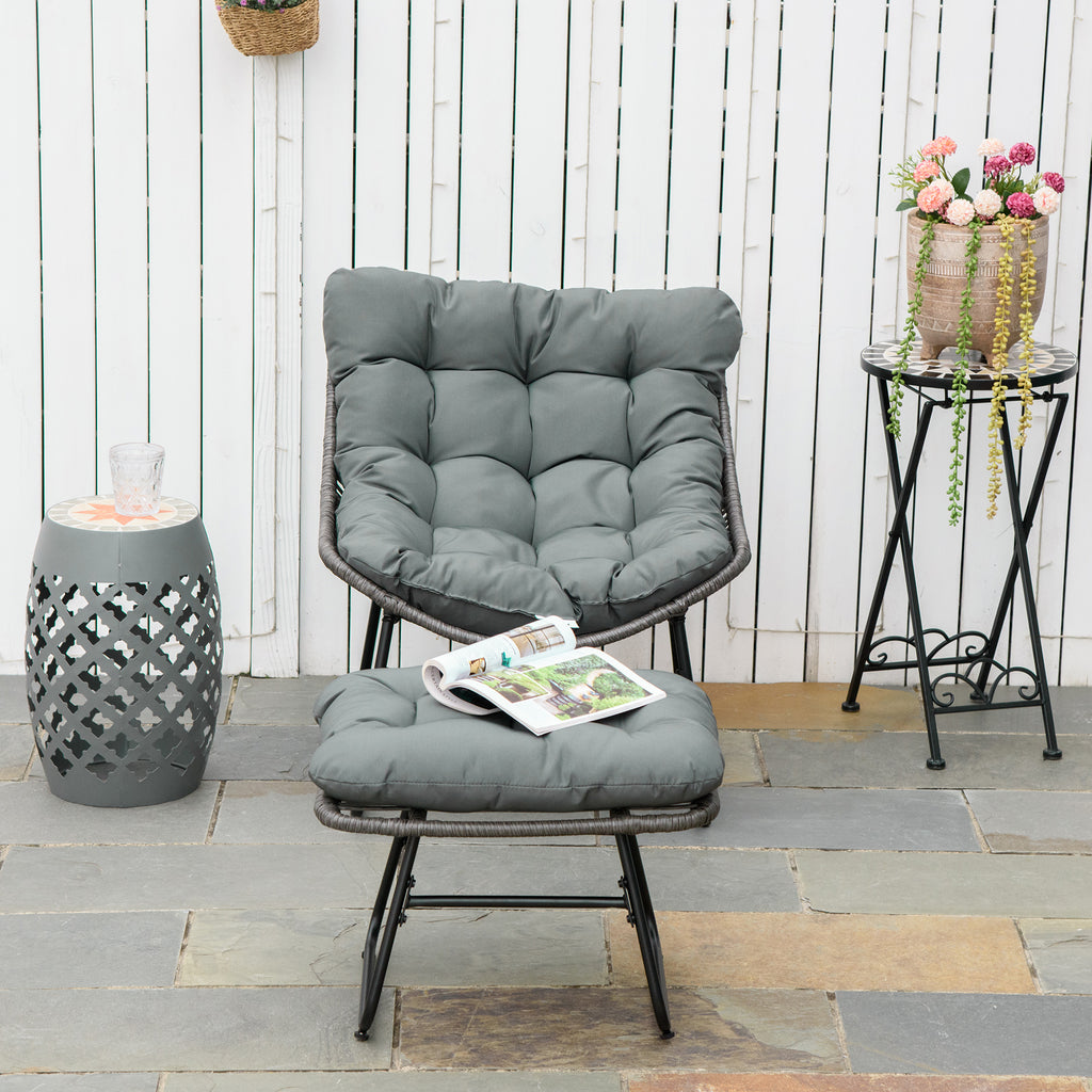Rattan Relaxsessel mit Fußhocker, Gartensessel mit dicke Kissen Outdoor Rattanstuhl Gartenstuhl für Garten, Balkon, Terrasse Grau