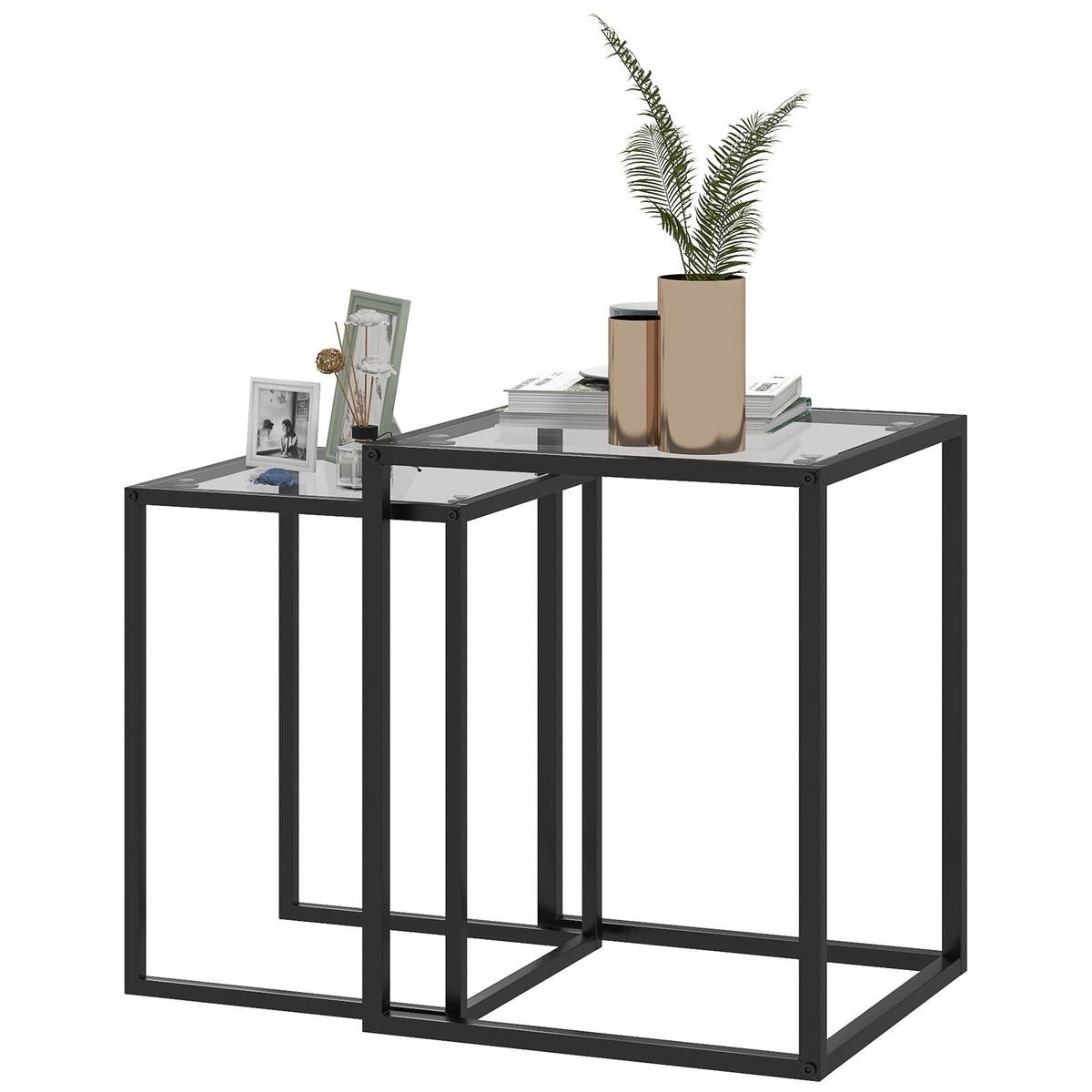 2er Set Beistelltisch stapelbarer Nachttisch Couchtisch mit Beinen aus Stahl, modern f¨¹r Wohnzimmer Schwarz