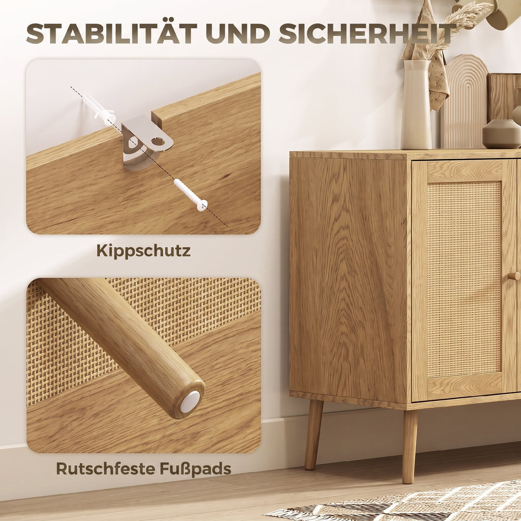 Sideboard Küchenschrank mit 4 Soft-Close-Türen 140x40x75 cm Natur