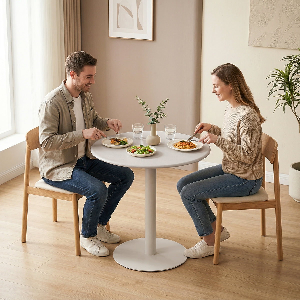 Runder Küchentisch für 2 Personen mit Stahlgestell, platzsparend, 60 x 60 x 72 cm, Beige