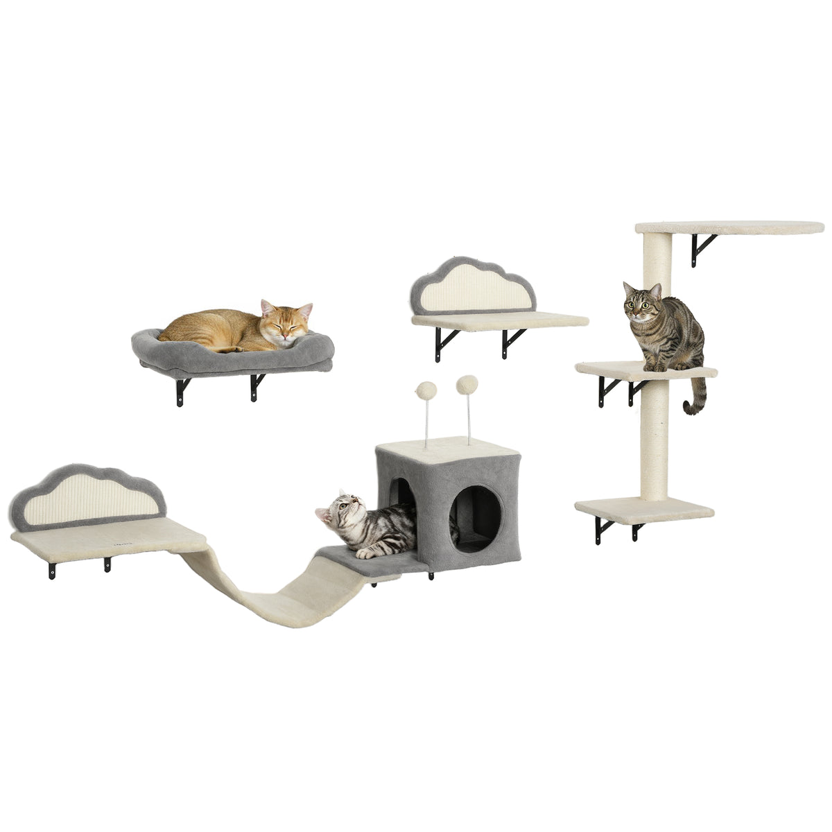 Wandmontiertes Kratzbaum-Set, Sisalkratzflächen, 4 Teile, für 1-3 Katzen, Beige