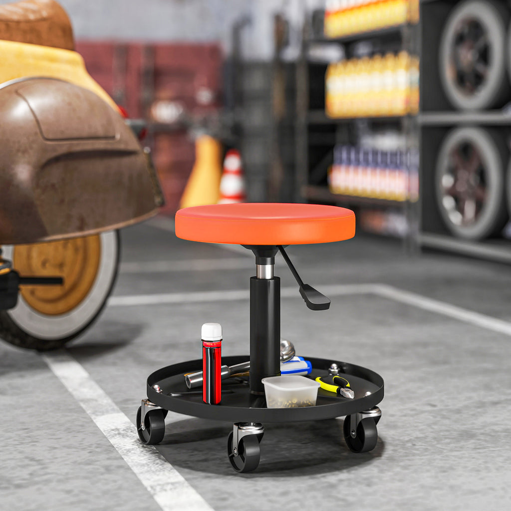 Werkstatthocker mit Rollen Ablagefläche höhenverstellbar 38-50cm bis 135 kg belastbar Orange