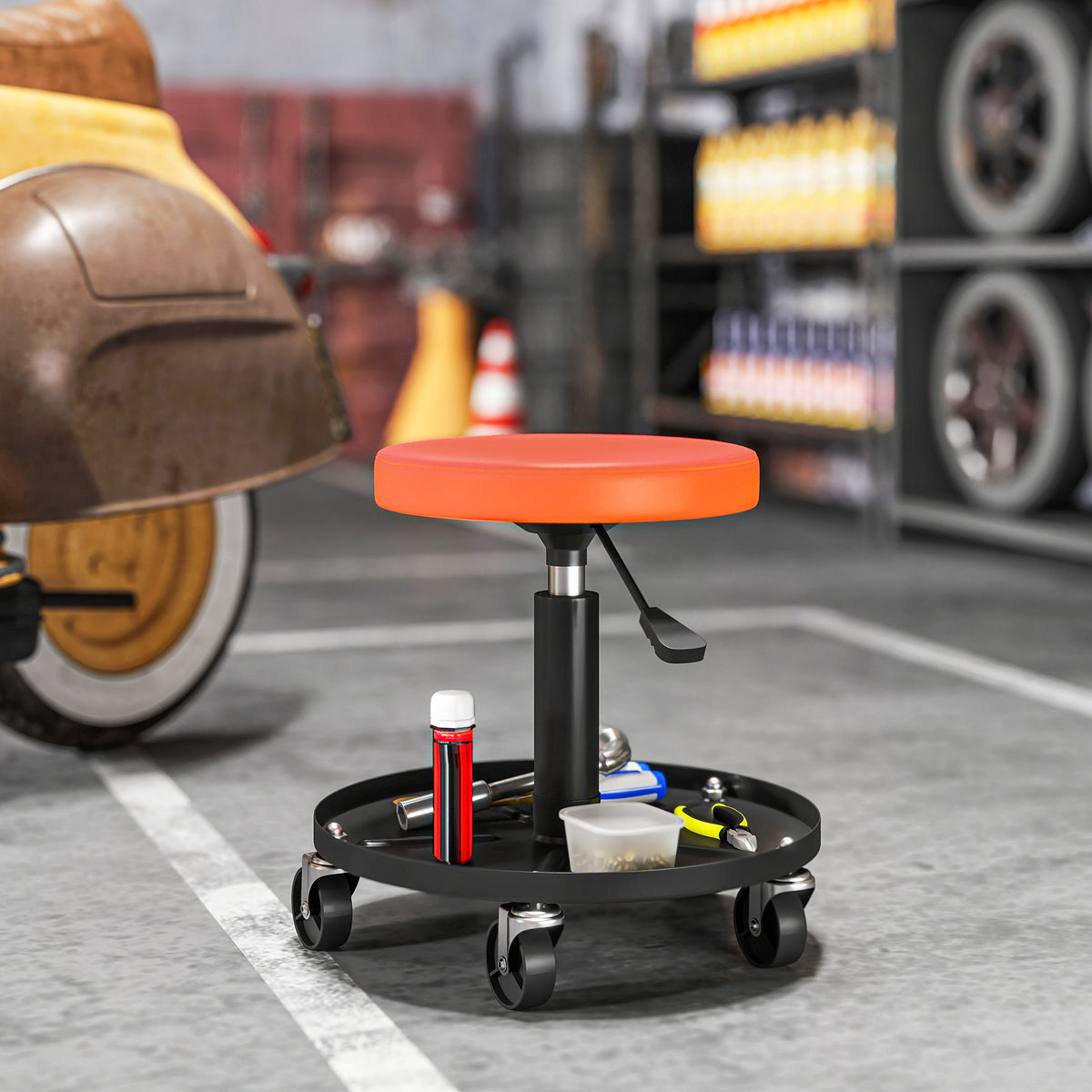 Werkstatthocker mit Rollen Ablagefläche höhenverstellbar 38-50cm bis 135 kg belastbar Orange
