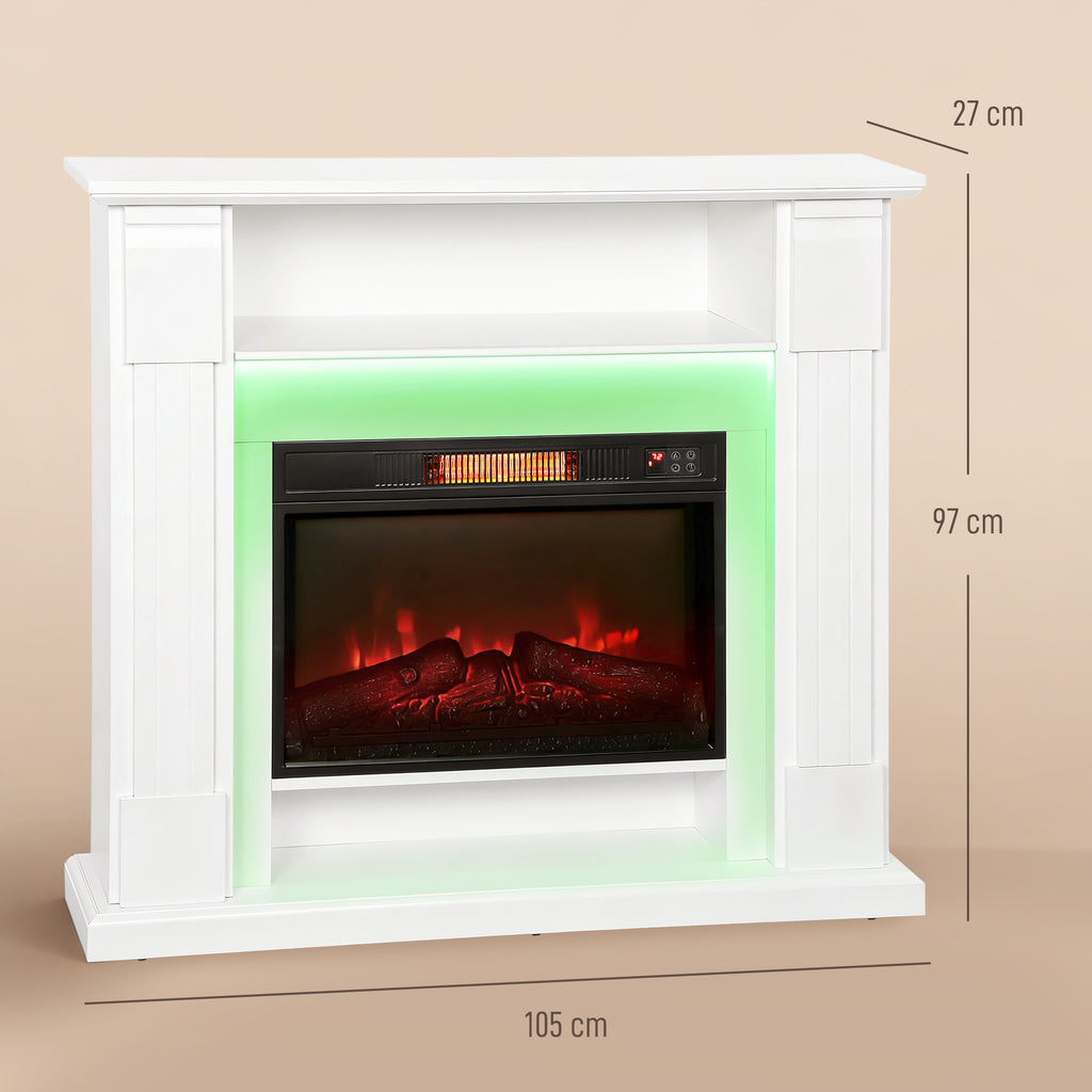 Elektrischer Kamin mit LED-Lichtern, realistischer Flammen-Effekt, 1800W, Kaminsims, 2 Fernbedienungen, Glas, Weiß