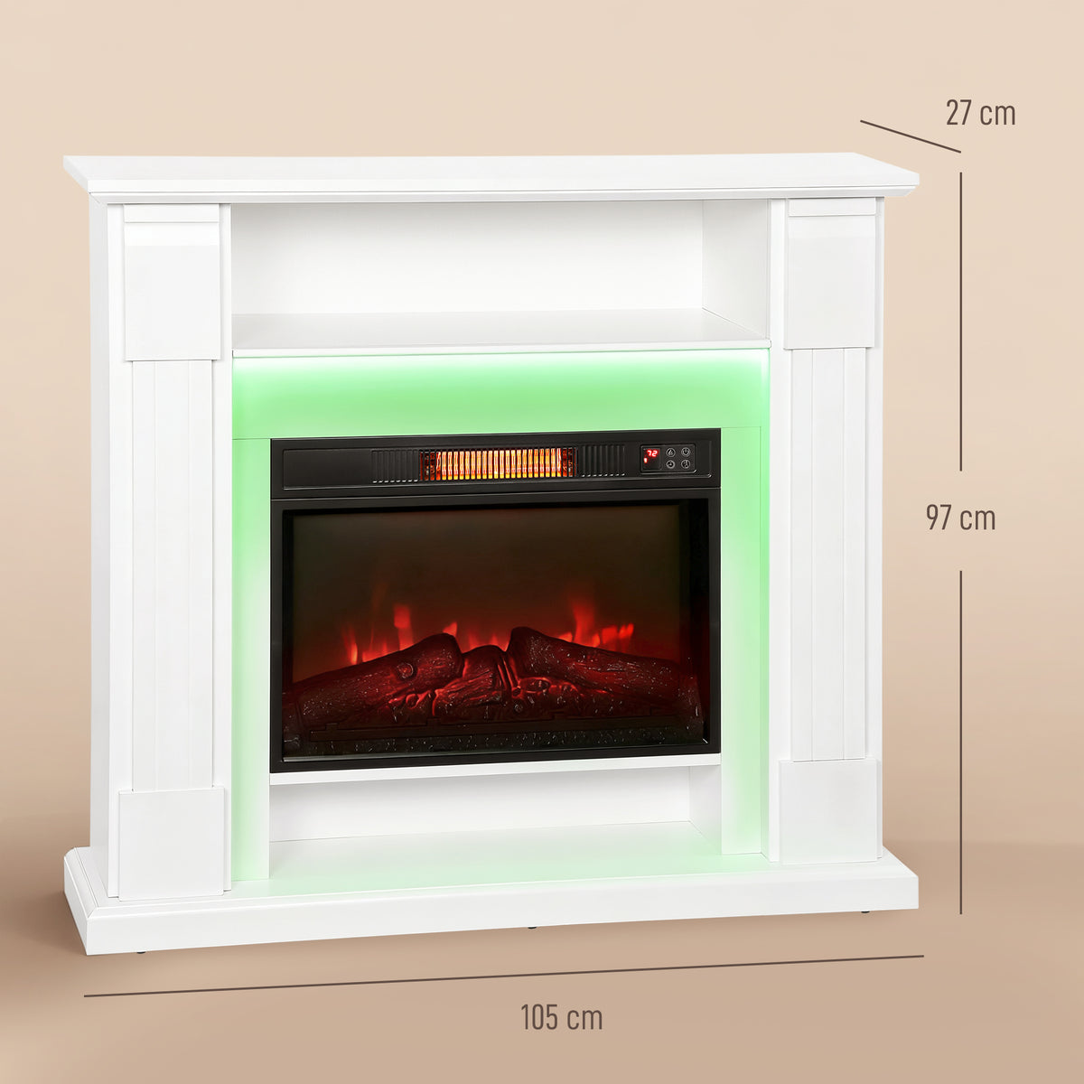 Elektrischer Kamin mit LED-Lichtern, realistischer Flammen-Effekt, 1800W, Kaminsims, 2 Fernbedienungen, Glas, Weiß