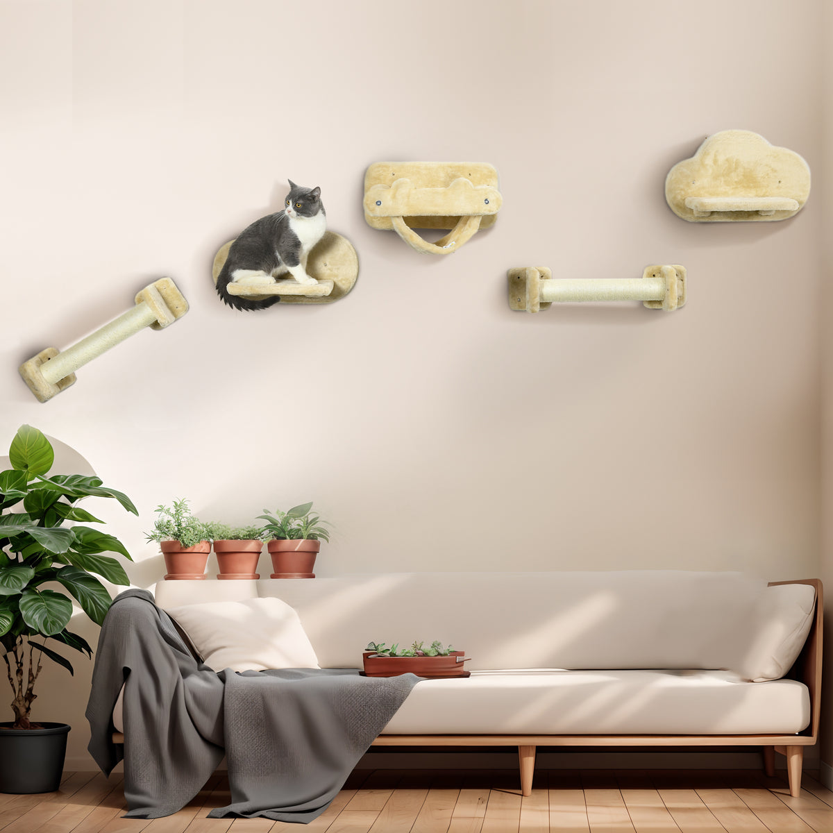 Katzentreppe, 5-teiliges Set, 2 Kratzstämme, 2 Plattformen mit Plüschbezug, Hängematte, beige