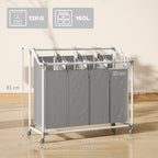 Wäschekorb mit 4 Fächer 160 L Wäschesammler mit Rädern, herausnehmbarer Wäschesack, 97 x 38 x 81 cm, Grau