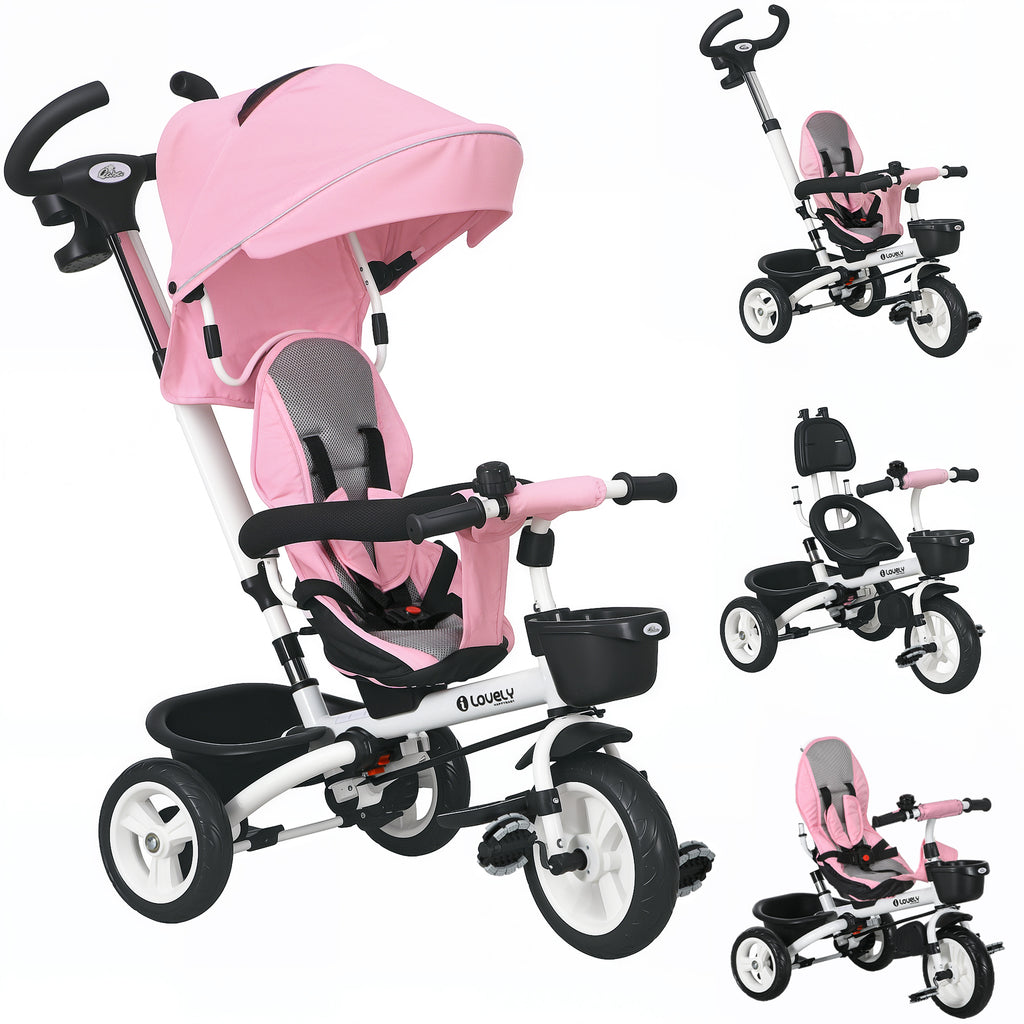 Metal Frame 6 in 1 Baby Push Tricycle with Parent Handle for 1-5 Years Old, Pink