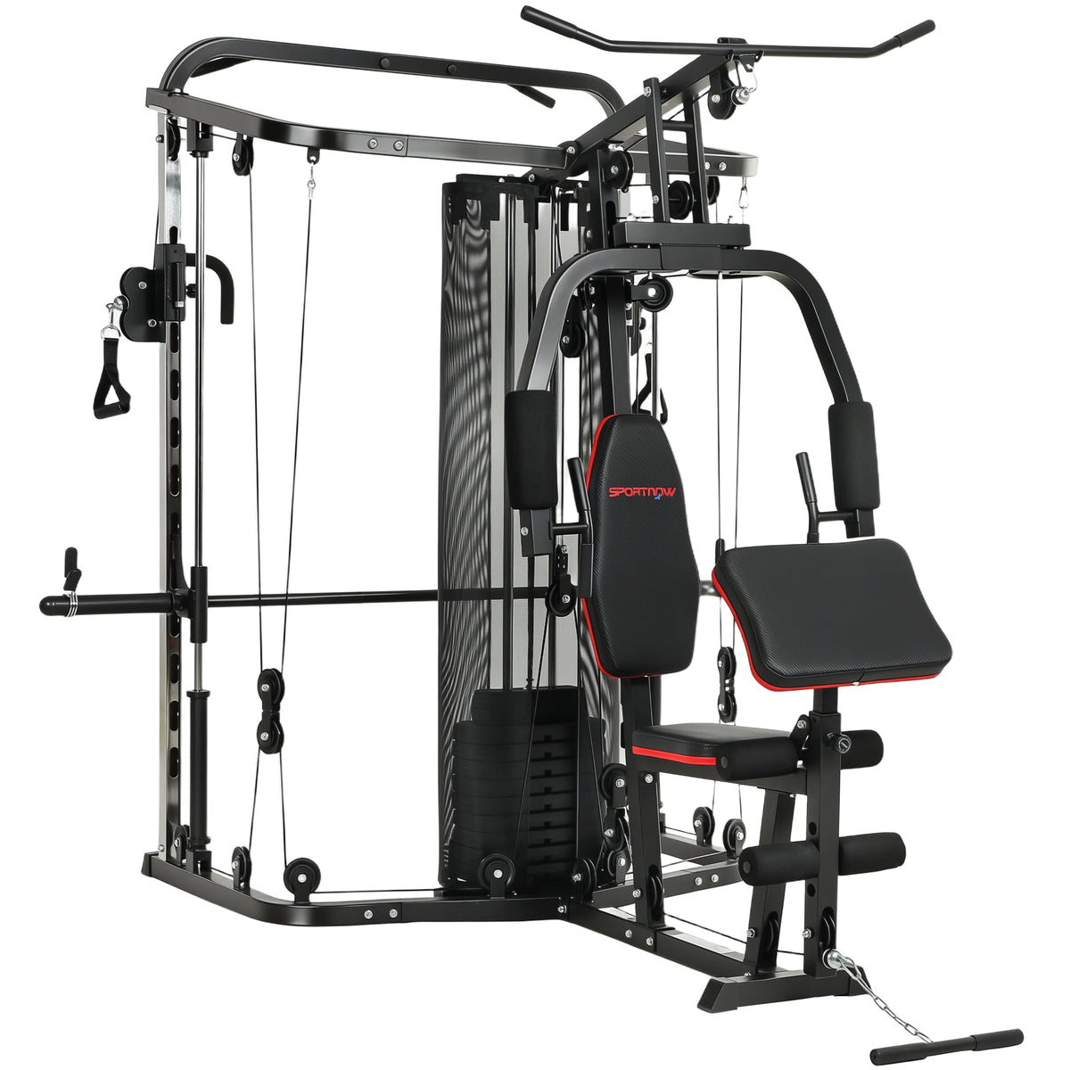 Home Multi Gym Smith Machine with 65kg Weight Stack, Cable Pulley System, Chest Station, Preacher Pad & Leg Developer