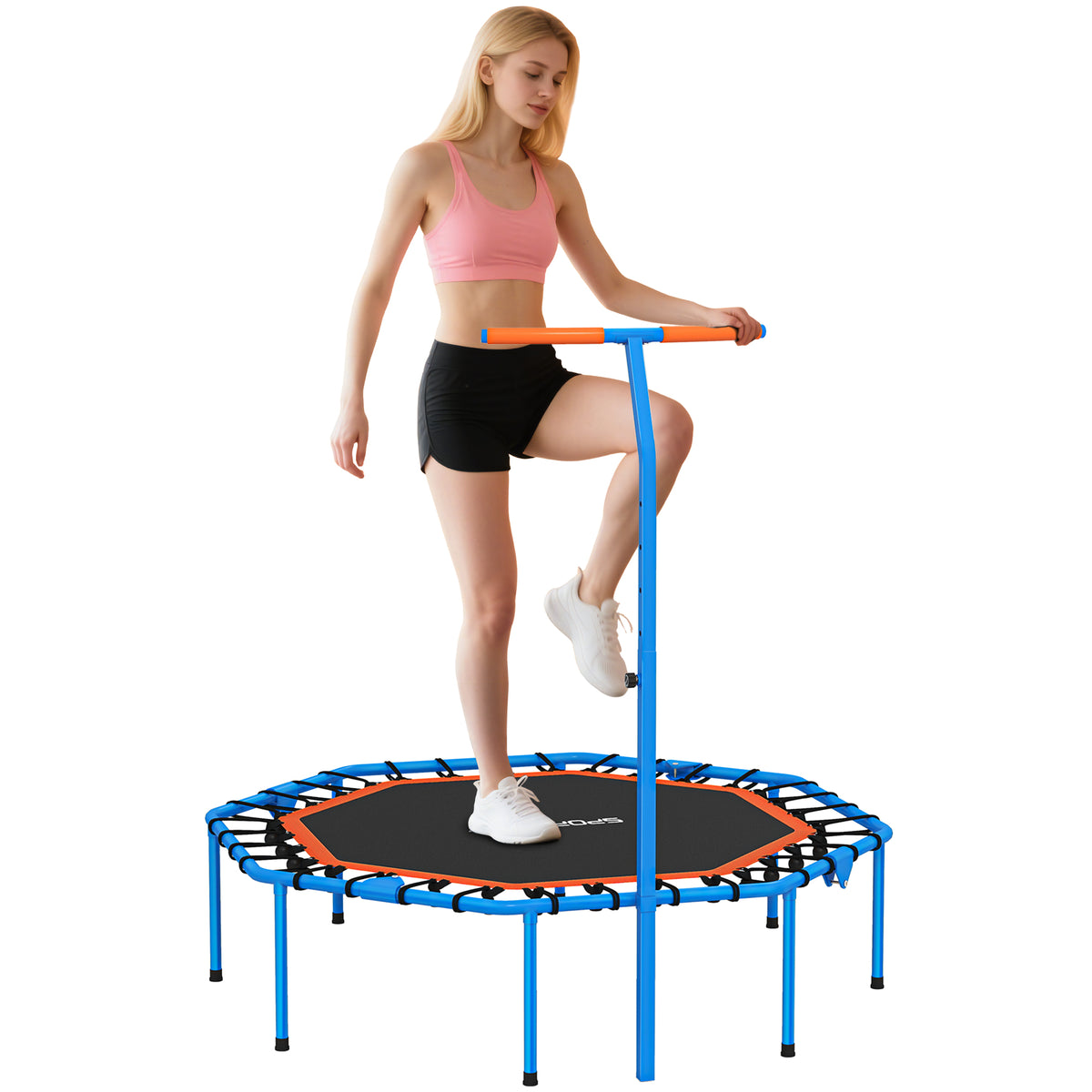 Fitness-Trampolin, Trainingstrampolin mit verstellbarem Haltegriff, stabil und leise, f¨¹r drinnenf, Stahl, Blau