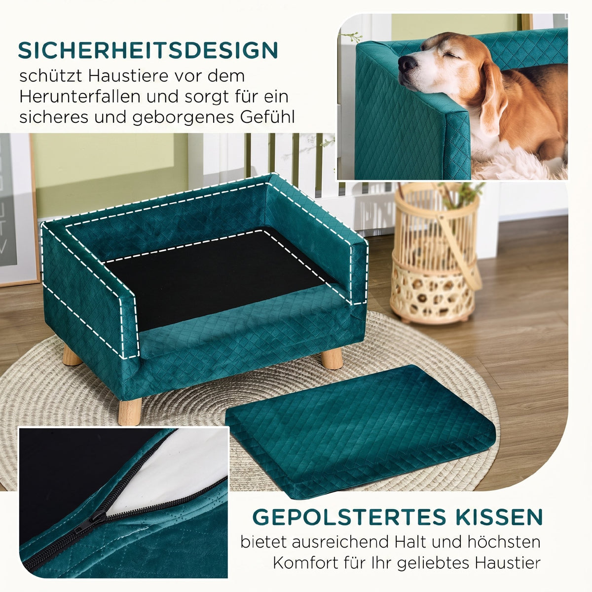 Hundesofa Hundebett Hundecouch aus Samt mit Rückenlehne, Holzbeine, Kissen, bis zu 8 kg 64 x 45 x 36 cm Blau