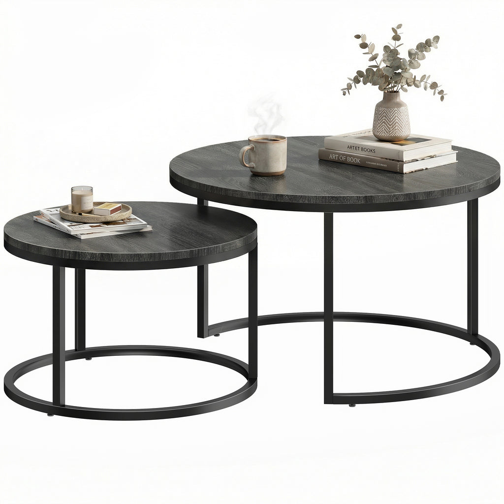 Set of Two Wood-Effect Stacking Tables - Black Wood Grain