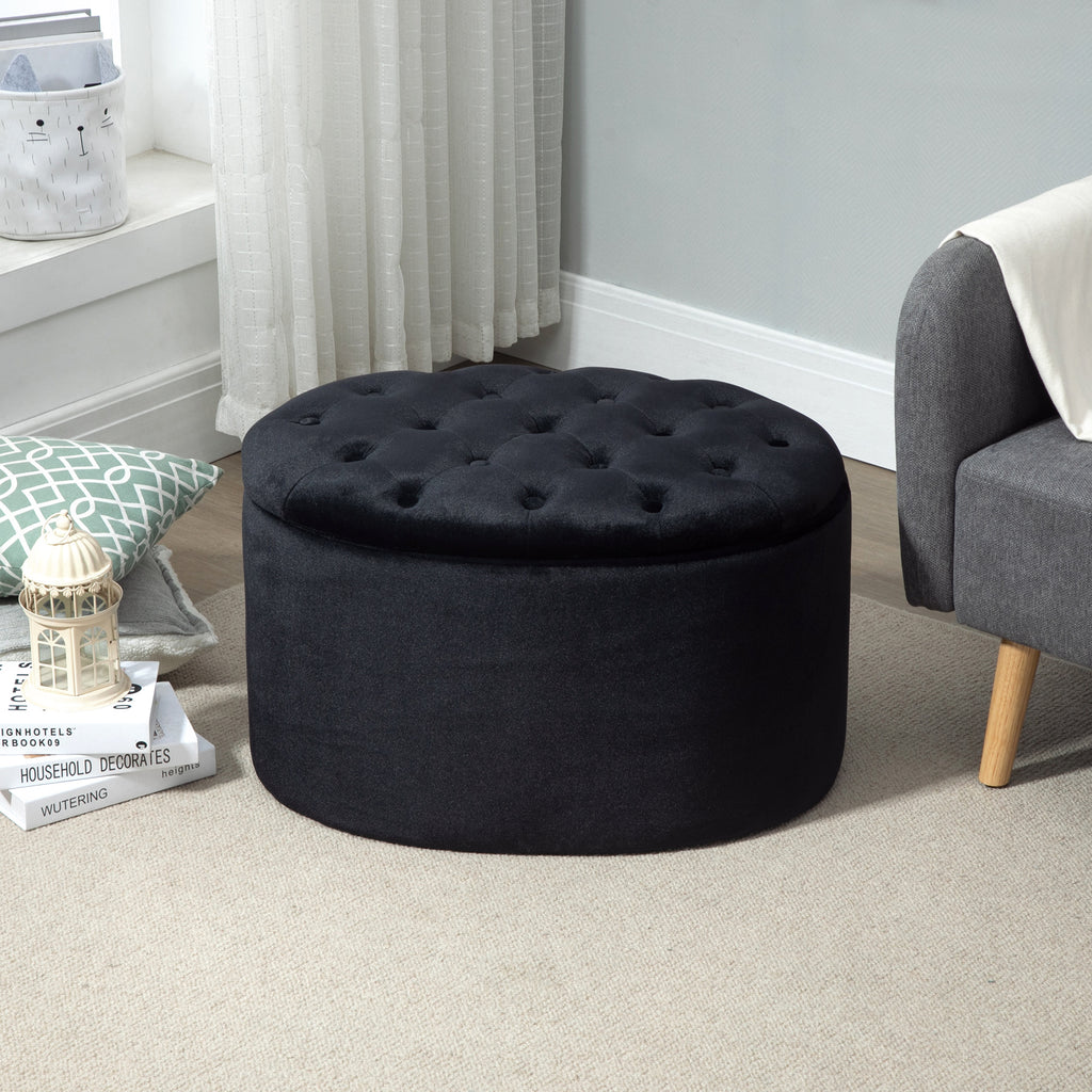 Sitzbank mit Stauraum Polsterbank mit Samtoptik, Sitztruhe Ovale Form, Truhenbank für Wohnzimmer Schlafzimmer Flur 71 x 52 x 42 cm, Schwarz