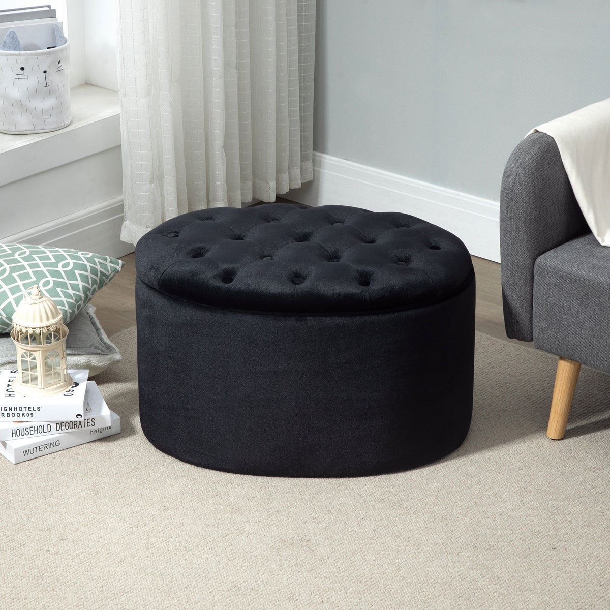 Sitzbank mit Stauraum Polsterbank mit Samtoptik, Sitztruhe Ovale Form, Truhenbank für Wohnzimmer Schlafzimmer Flur 71 x 52 x 42 cm, Schwarz