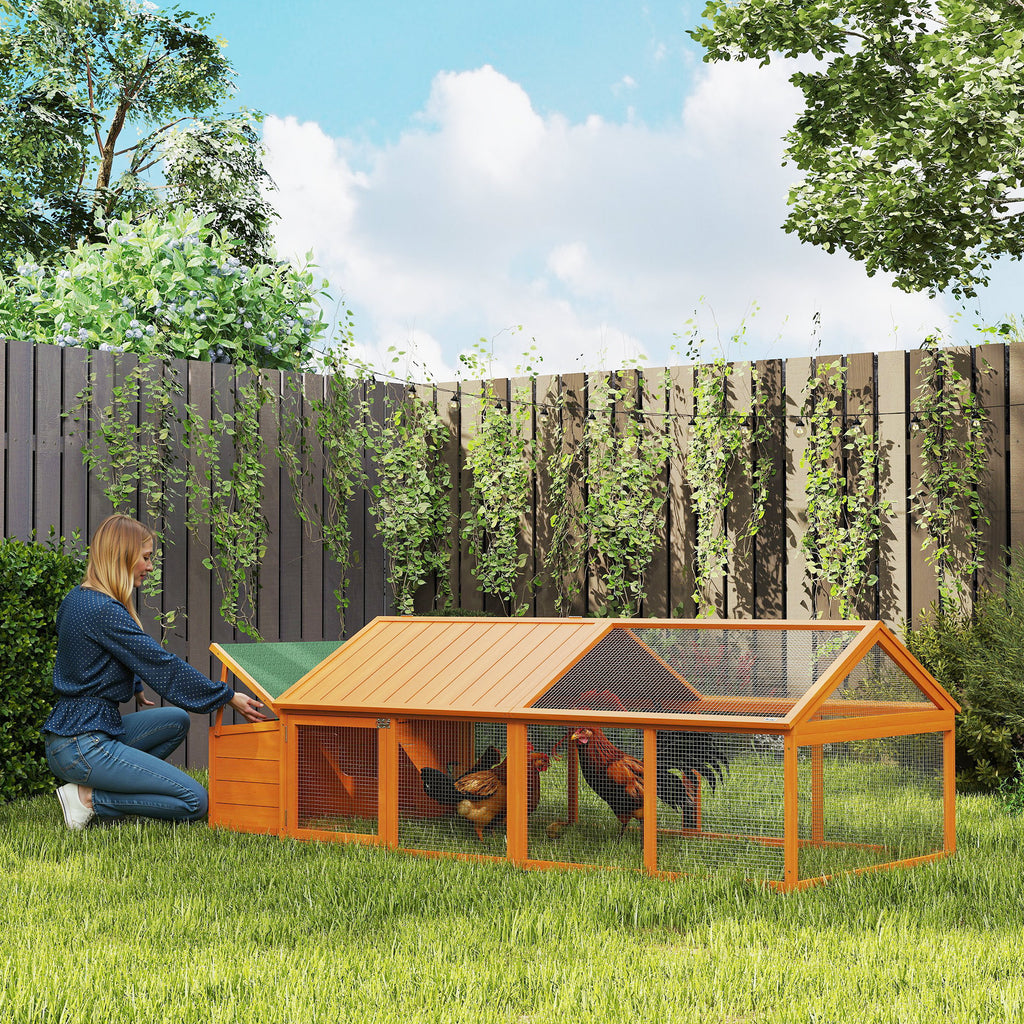 Hühnerstall Freilaufgehege 2,4 x 1,125 x 0,76 m Freigehege mit Schloss Tannenholz Hühnerhaus mit Tür, aufklappbar Dach, Outdoor Geflügelstall für Hühnerkäfig, 4-8 Hühner, Orange