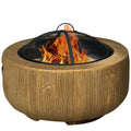 Outdoor Fire Pit, 61.5 cm Metal Wood Burning Fireplace with Spark Cover, Poker, Woodgrain Design