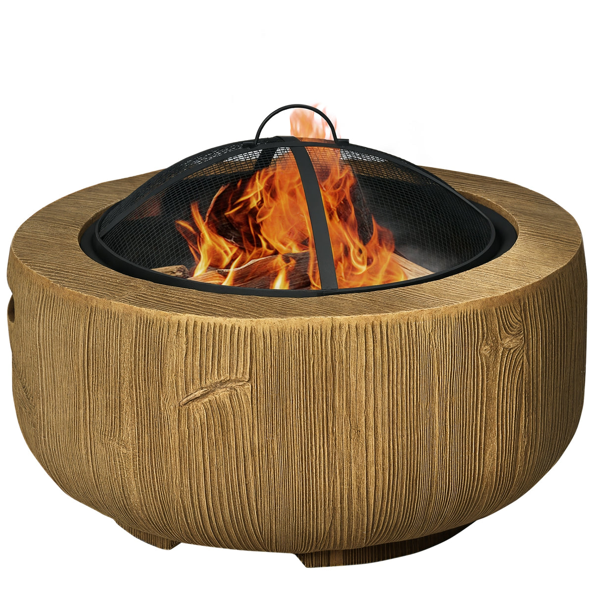 Outdoor Fire Pit, 61.5 cm Metal Wood Burning Fireplace with Spark Cover, Poker, Woodgrain Design