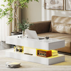 Wohnzimmertisch mit Schubladen und LED-Lichtern, moderner Sofatisch mit offener Ablage, Couchtisch, Spanplatte, Wei?