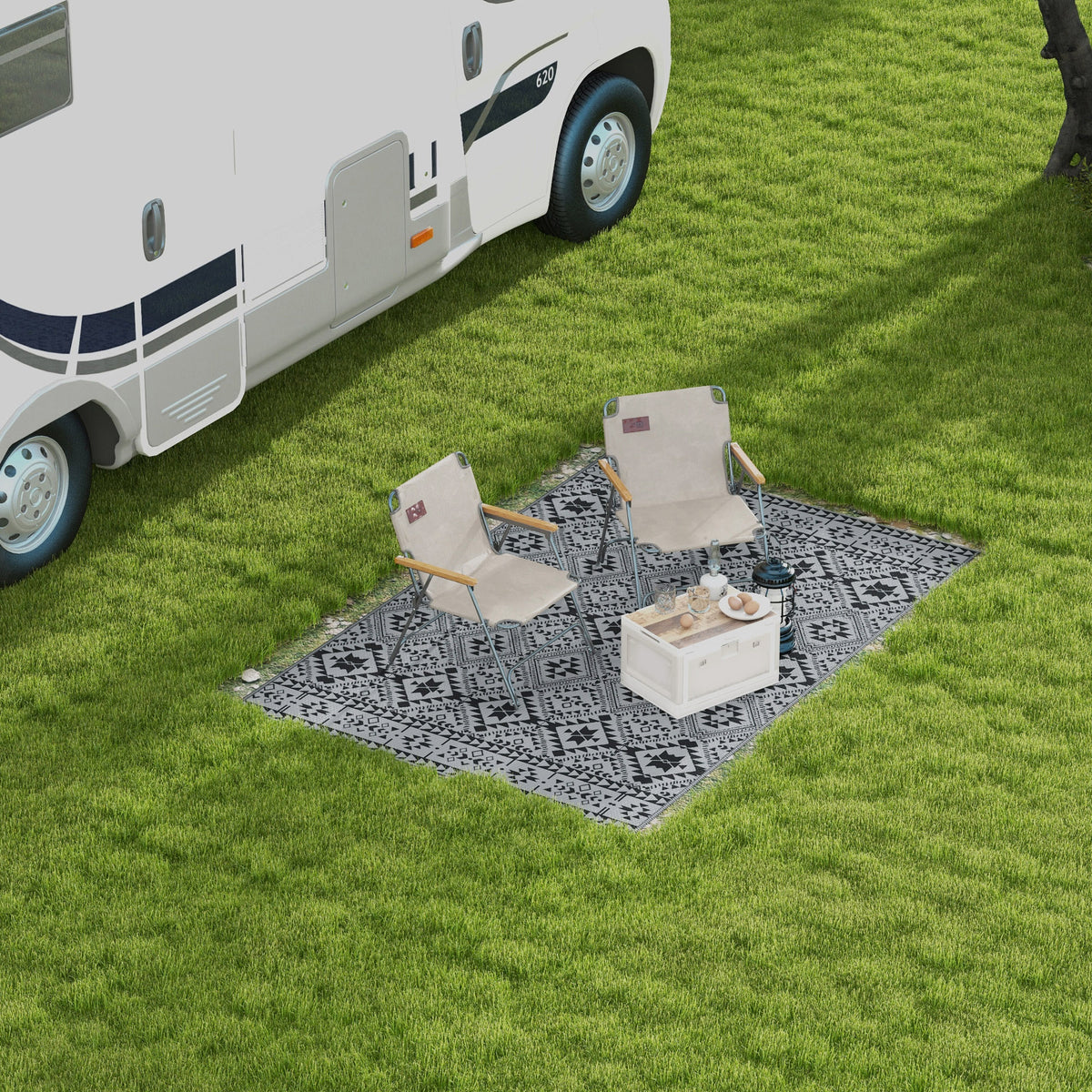 182 x 274cm Reversible Patterned Outdoor Rug, with Bag - Black/Grey