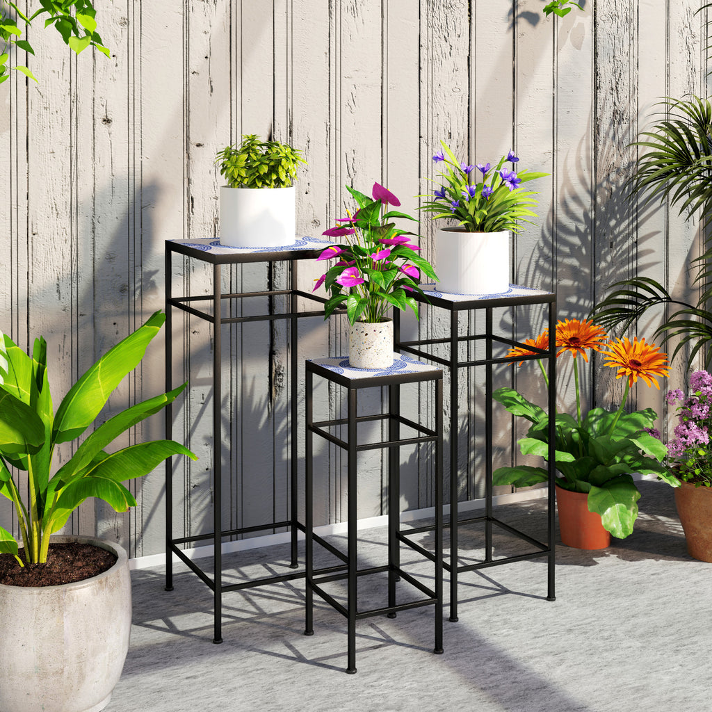 3er-Set Pflanzenst?nder, 3 verschieden gro?e Gestelle zum Pr?sentieren von Blumen und anderen Gegenst?nden, Blau+Wei?