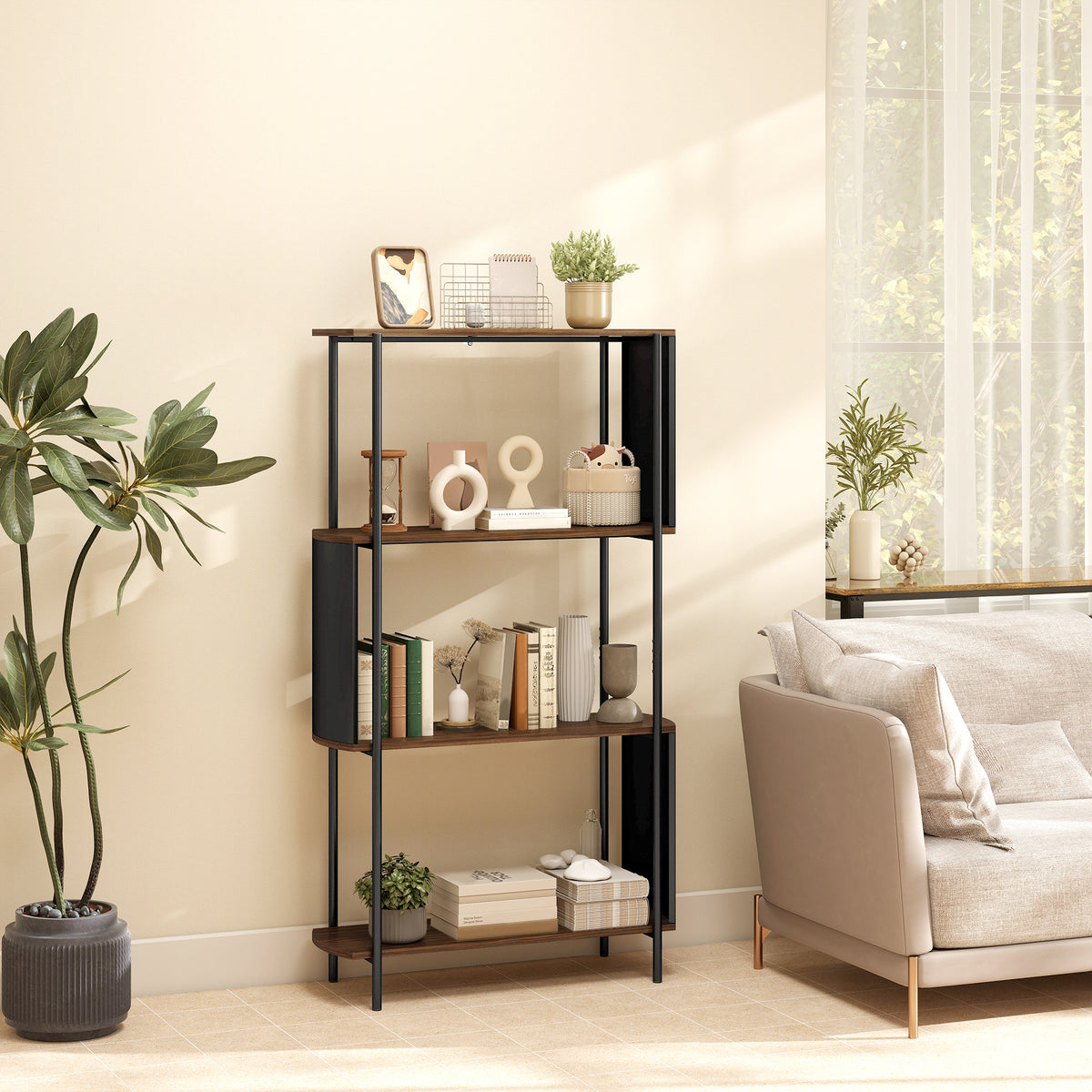 Bücherregal, Standregal mit 4 Ebenen,geschwungenem Design, für Wohnzimmer, Schlafzimmer 80 x 30 x 141 cm, Braun