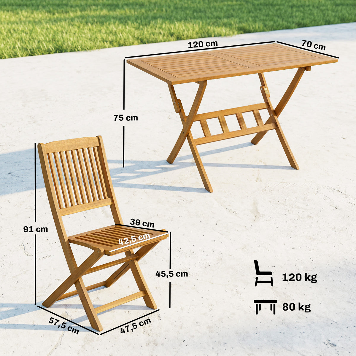 Gartenmöbel Set Akazienholz Sitzgruppe 5-teilig Klappbar Tisch mit 4 Klappstühlen Lamellendesign