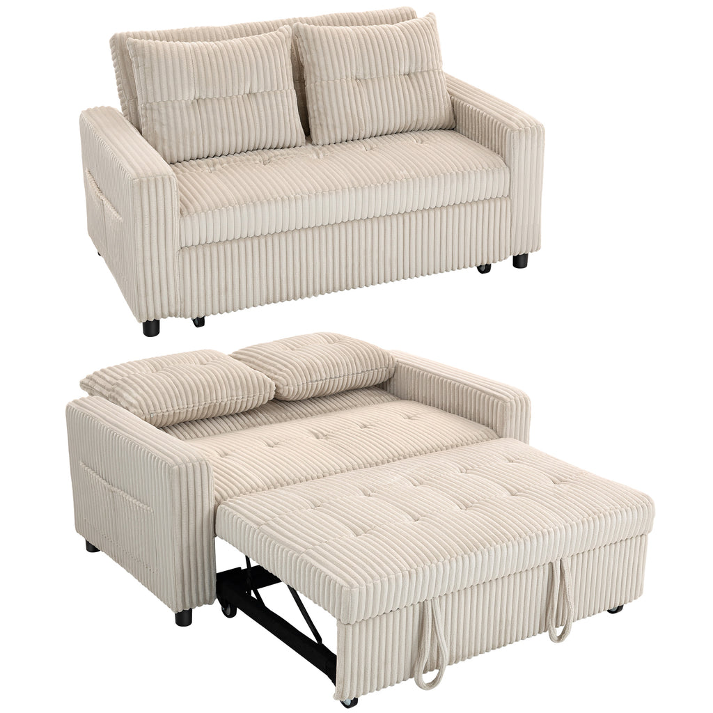 2-Sitzer Sofabett, Cordbezug, zum Schlafsofa umwandelbar, 2 Kissen, Seitentaschen, 157 x 190 cm, Cremeweiß