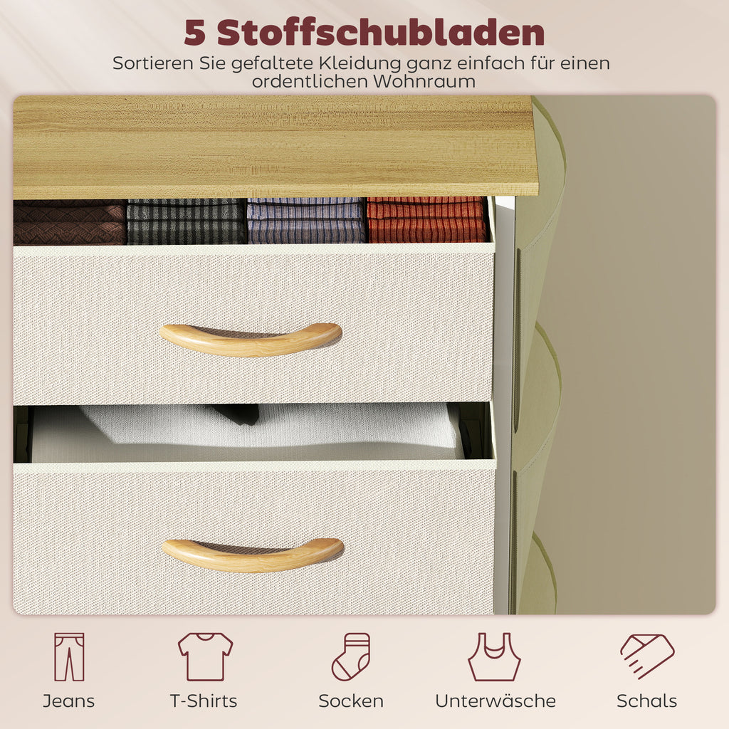 Kommode Schrank mit 5 Schubladen aus Vliesstoff mit Haken Beige