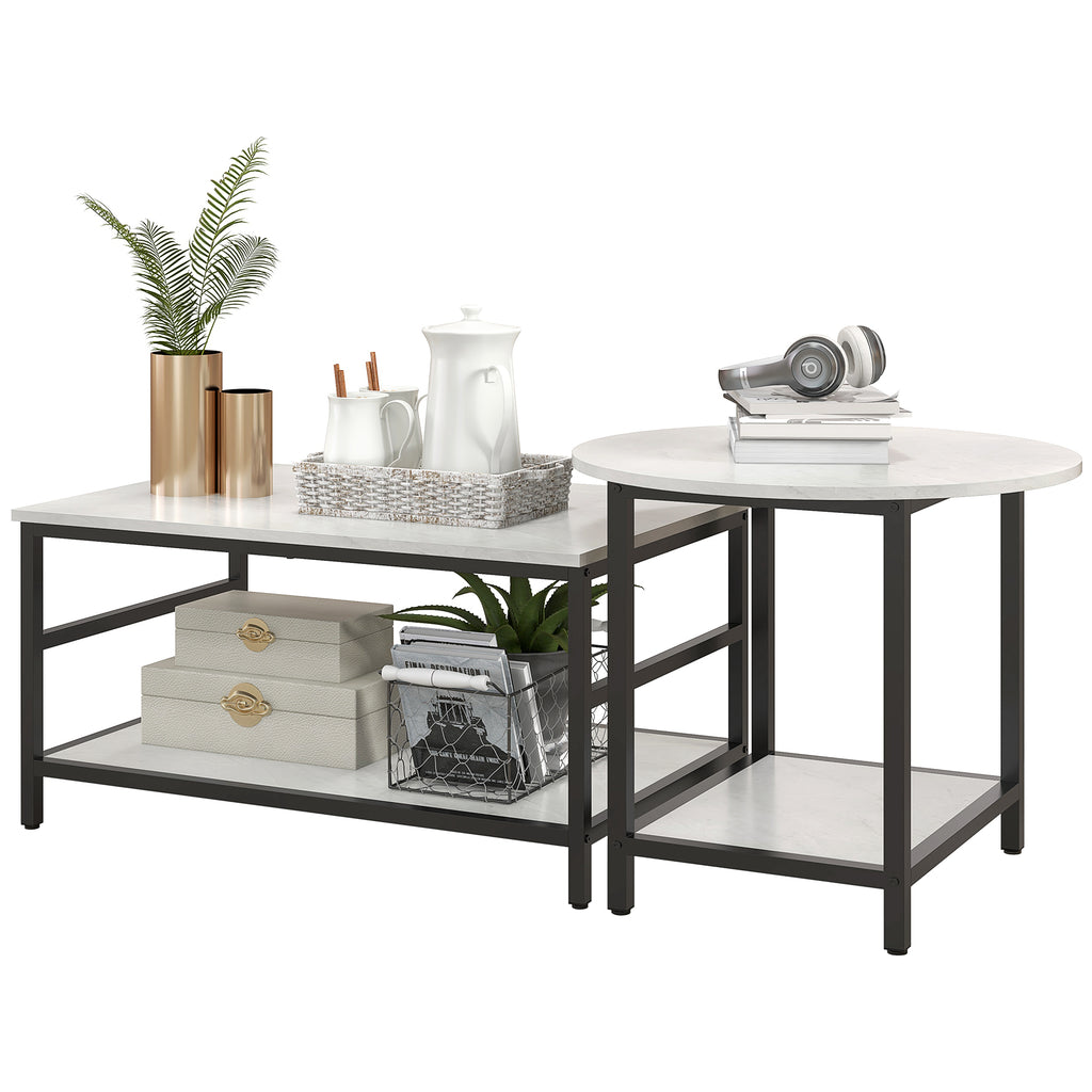 Couchtisch-Set, 2 Beistelltische, Marmoroptik, verstellbare F¨¹?e, Stahl, Schwarz/Wei?