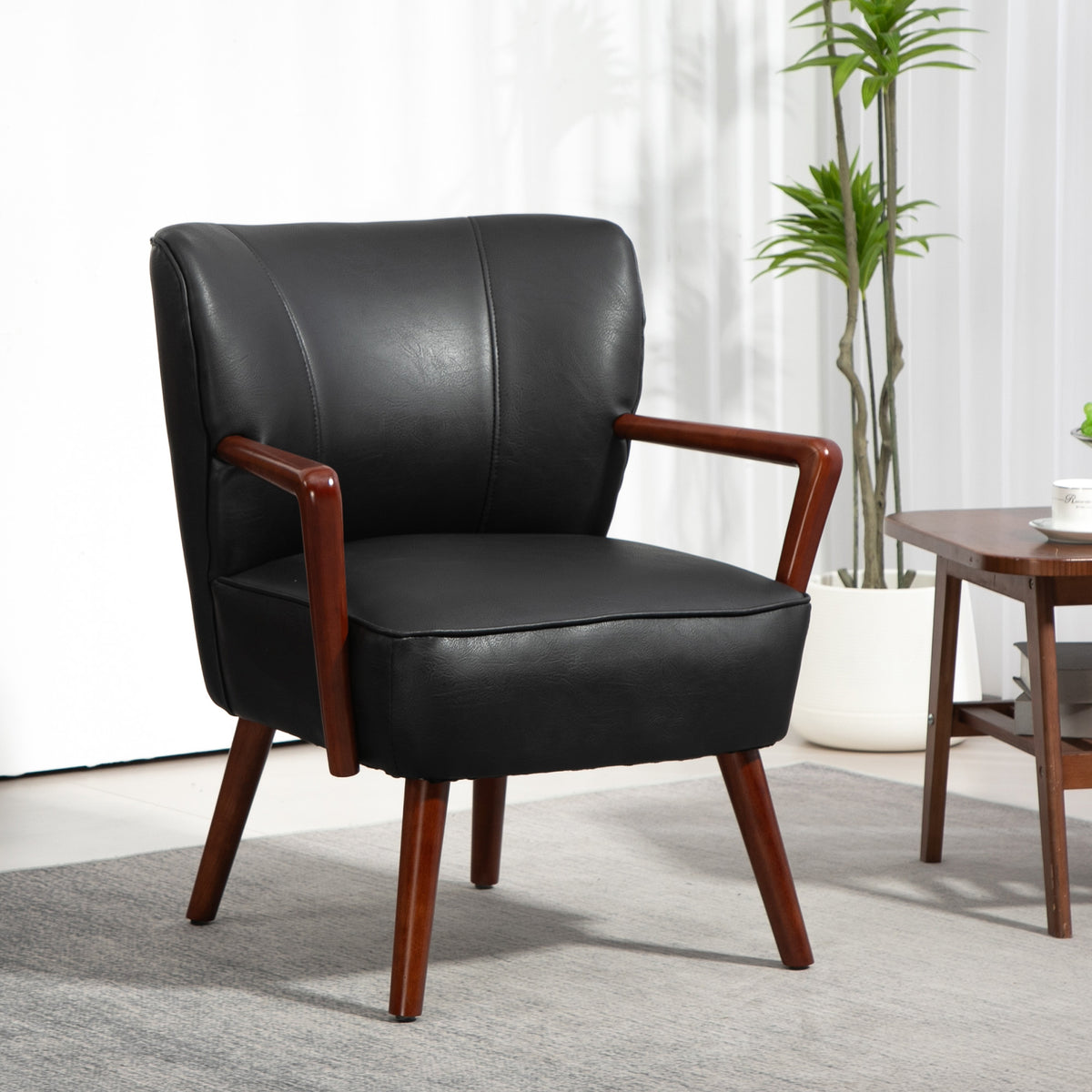 Akzentsessel, breiter Sitz, Lederoptik, Holzrahmen, bis 120 kg, 67x77x80 cm, Schwarz