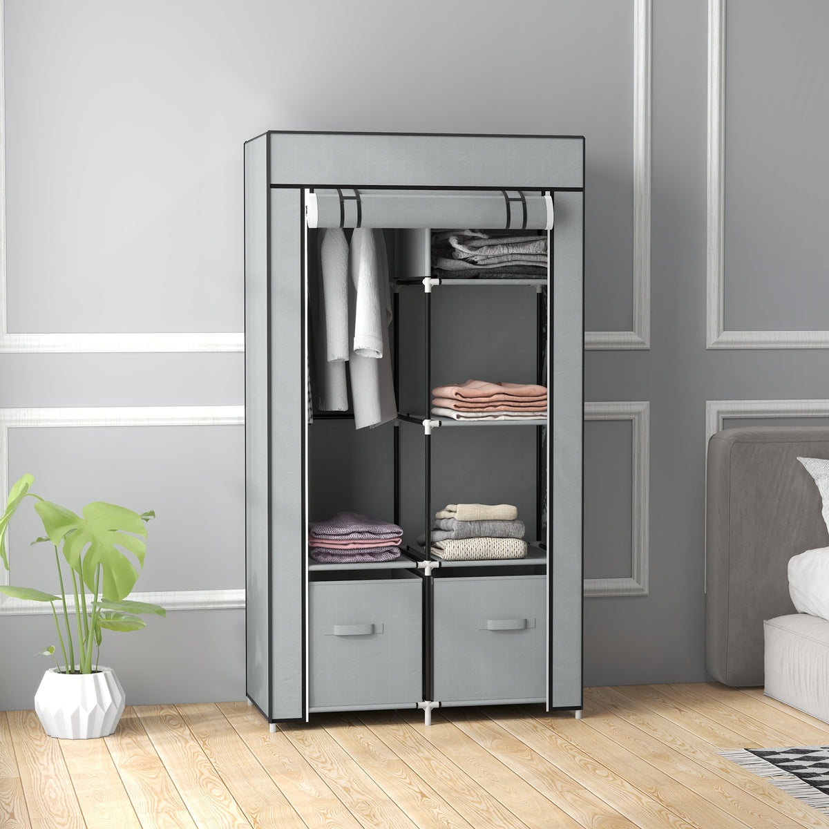 Kleiderschrank Stoffschrank 1 Kleiderstange, 2 Schubladen, 83 x 42.5 x 162,5 cm, Grau