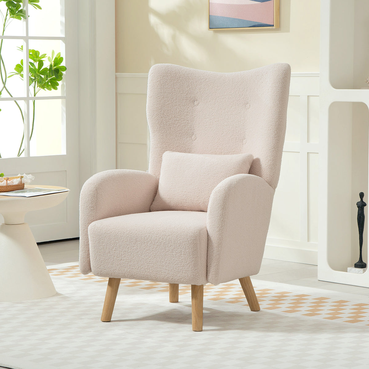 Akzentstuhl, Polstersessel mit Plüschbezug, Schaumstoffkissen, Ohrensessel, Beige