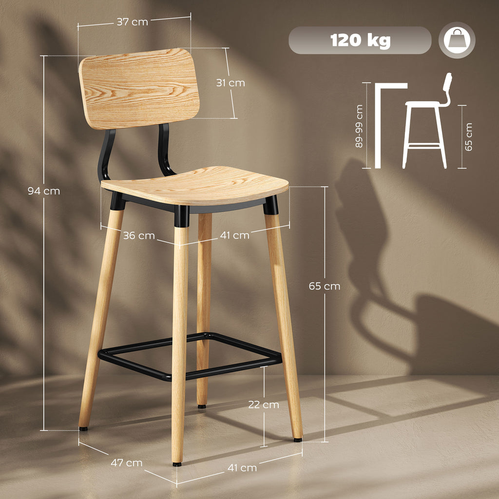 2er-Set Barhocker mit Rückenlehne, Barstühle für Hausbar, Kücheninsel, Esszimmer, Holz, Metall, Hellbraun