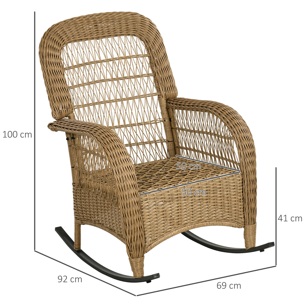 Schaukelstuhl im Boho-Stil, PE-Rattan, Rattan-Schaukelstuhl, waschbare Polsterbezüge, Natur + Hellgrau