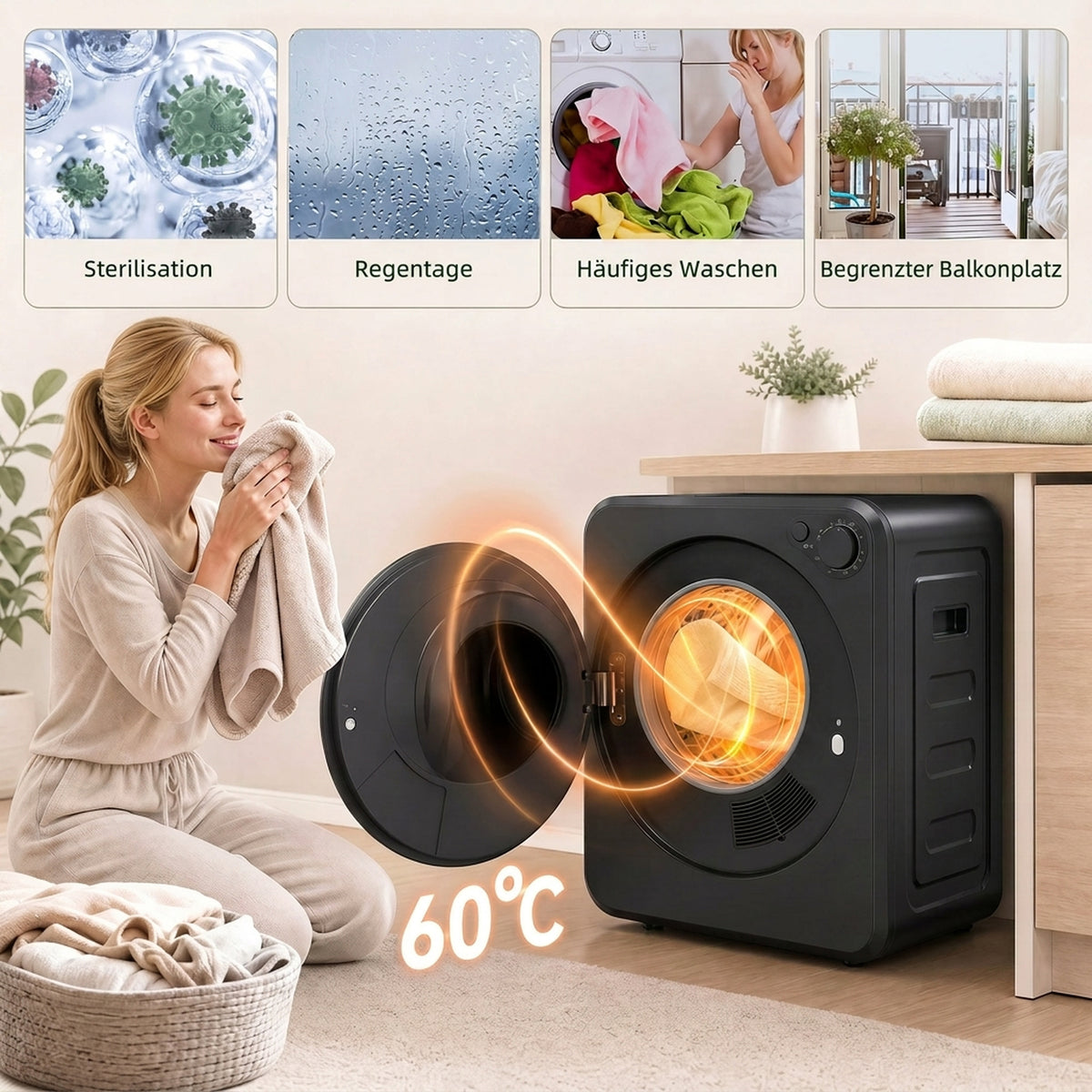 Mini Wäschetrockner 4 kg 5 Programme 800W/400W Freistehend Schwarz