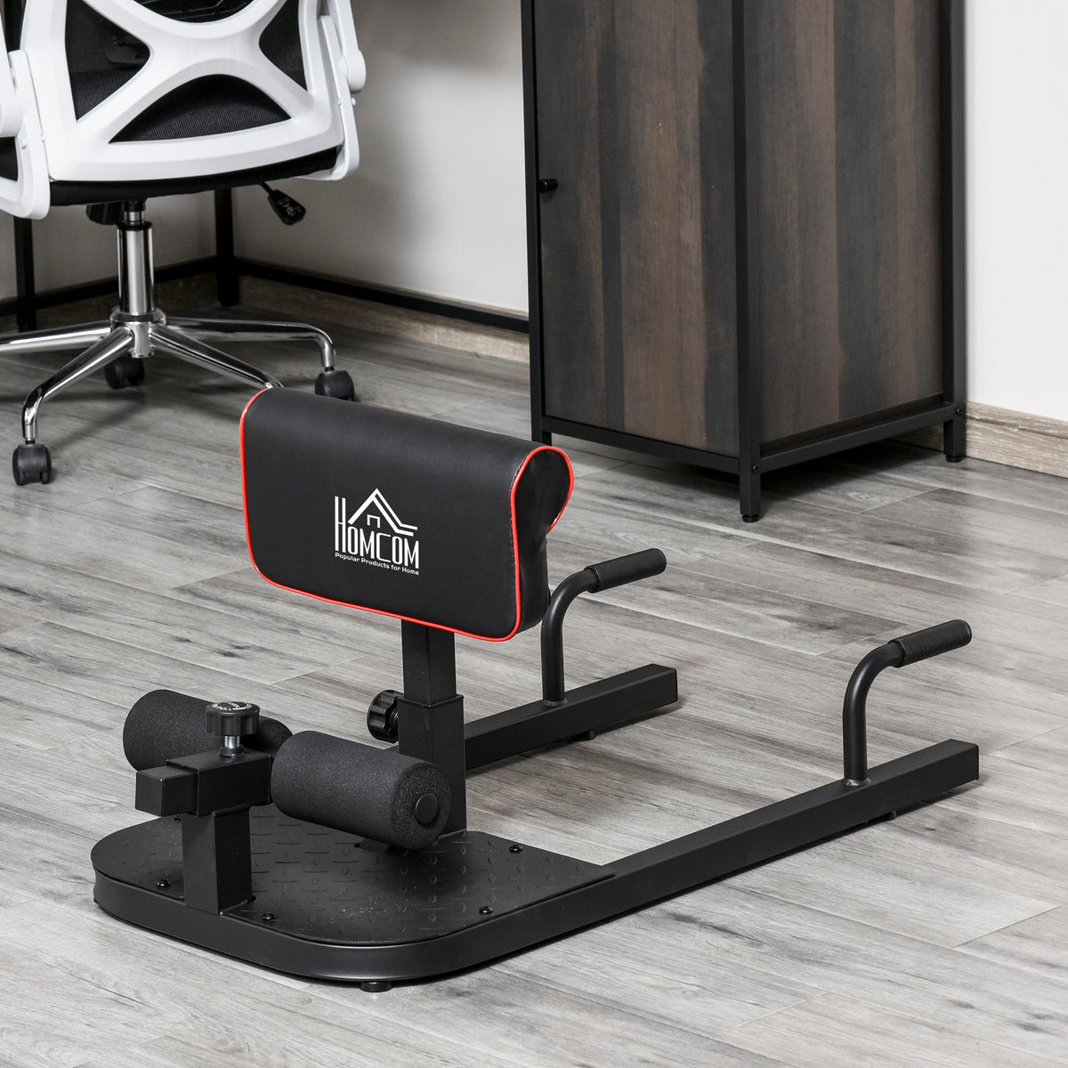 Squat Machine with Push Up Stand, Padded Hip Thrust Bench with Adjustable Cushion for Home Gym Work Out, Black