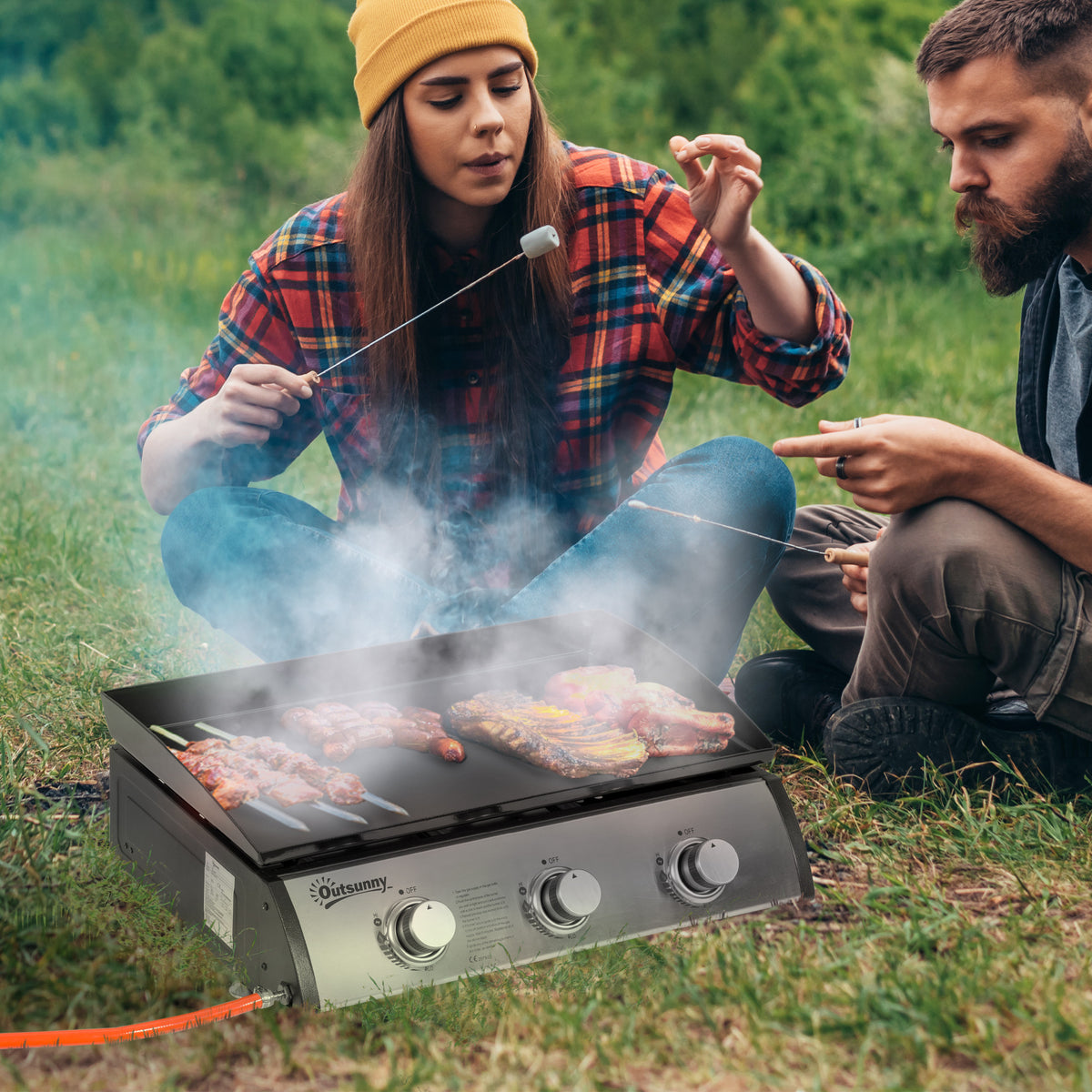 Gasgrill mit 3 Brennern, Schlauch, Antihaft-Grillplatte, Edelstahl, Farbe: Silber, 63 x 48 x 21 cm