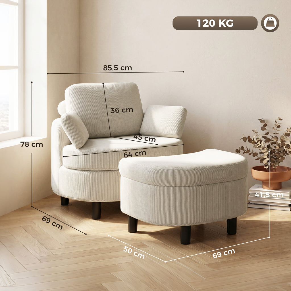 Sessel Loungesessel mit Aufbewahrungshocker, Kissen Cremeweiß
