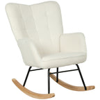 Schaukelstuhl in Vliesoptik mit Armlehnen, Ergonomischer Sessel mit Holzkufen, für Wohnzimmer, Schlafzimmer, Weiß