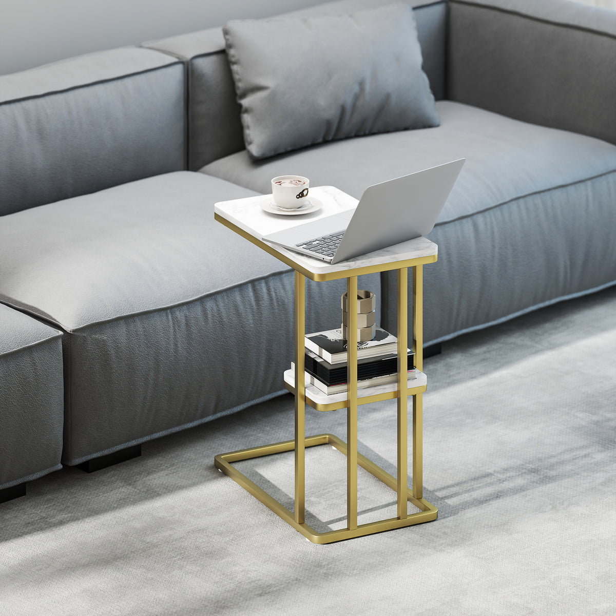 C-Shaped Narrow Side Table, 2-Tier Slim End Table, Nightstand for Small Spaces, Living Room, Bedroom, White Marble Grain