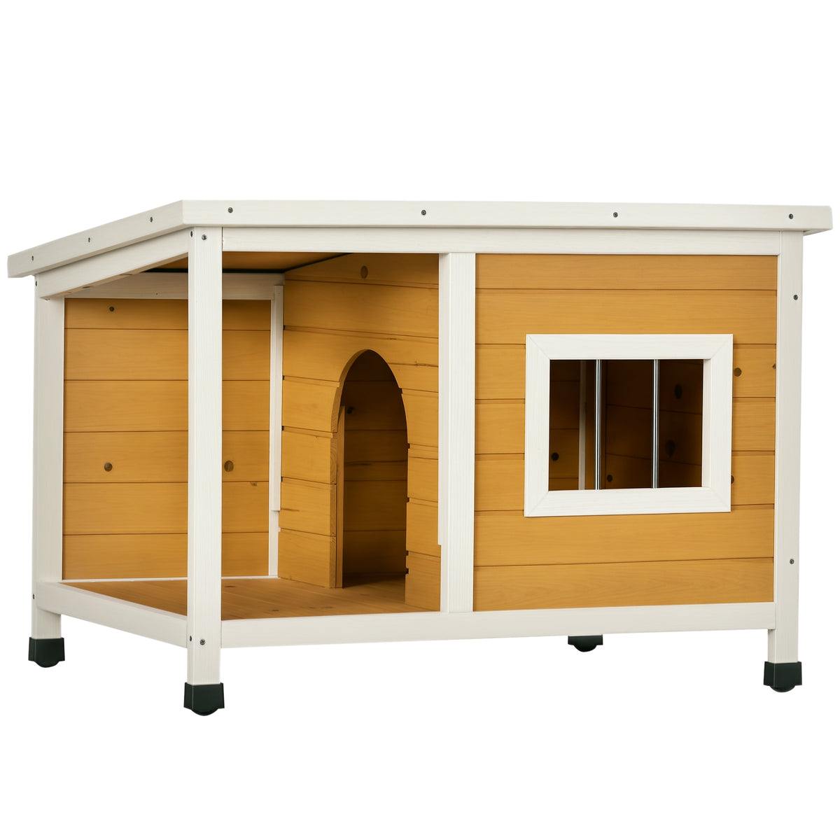 Hundehütte mit Veranda, aufklappbares Dach, Fenster, verstellbare Füße, Naturholz, orange, 85,5 x 62 x 60 cm