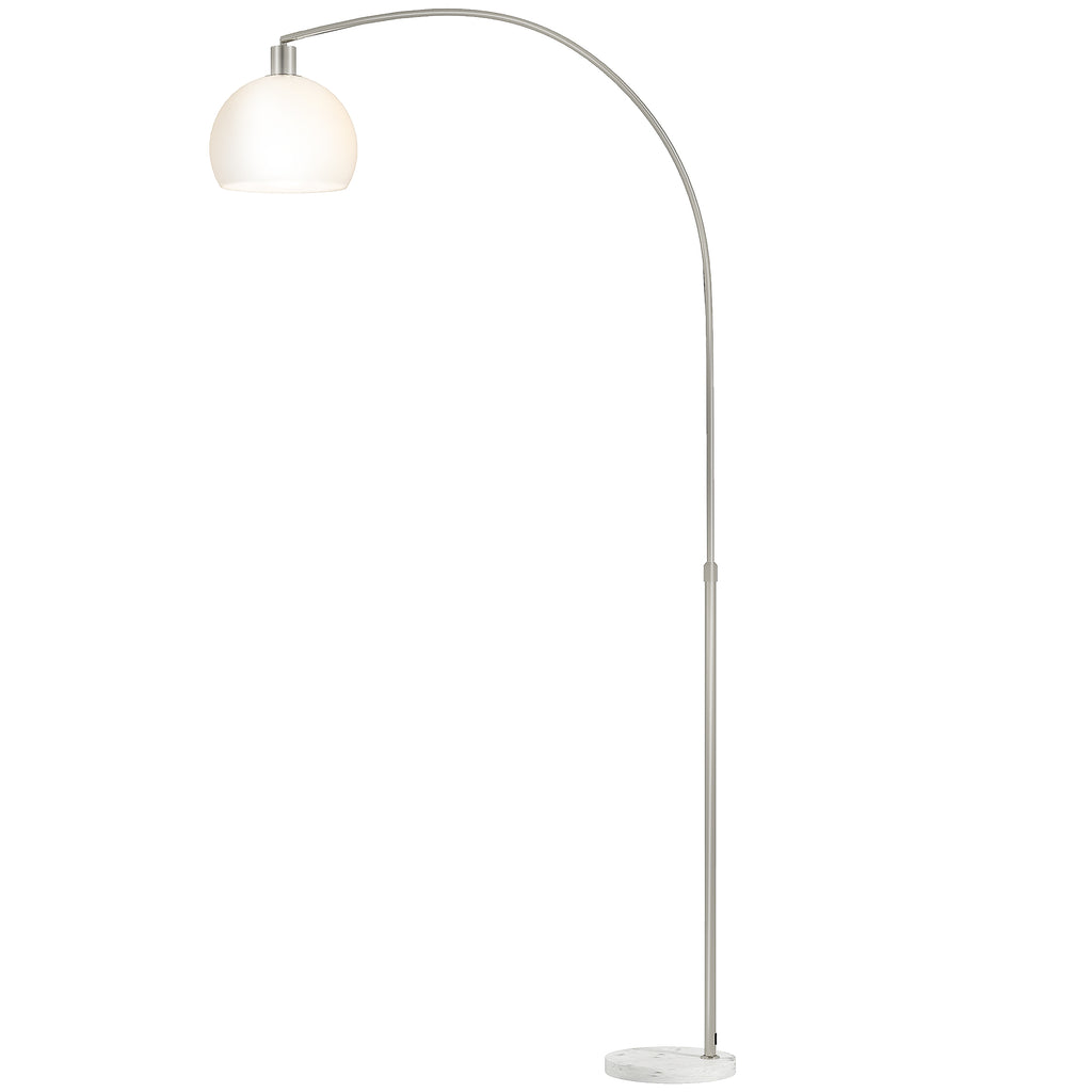 Stehlampe, gebogener Kopf, Fußschalter, Marmorsockel, Kunststoffschirm, Weiß