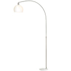 Stehlampe, gebogener Kopf, Fußschalter, Marmorsockel, Kunststoffschirm, Weiß